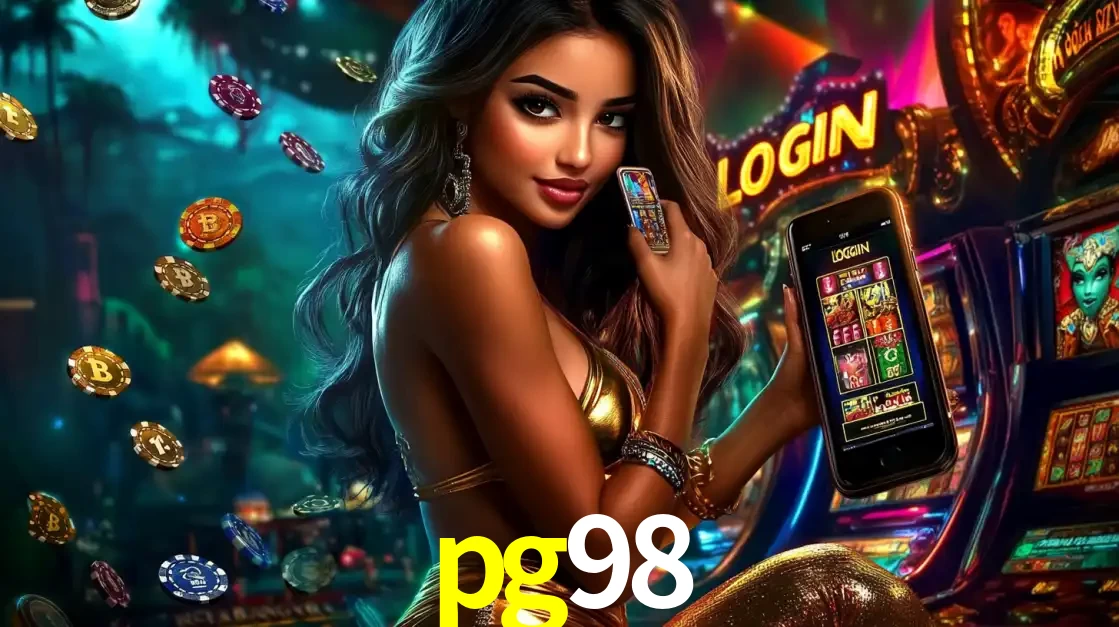 Mulher em um cenário de cassino temático de aventura, mostrando o app de caça-níqueis da pg98 no celular. Fichas de apostas flutuam ao redor.