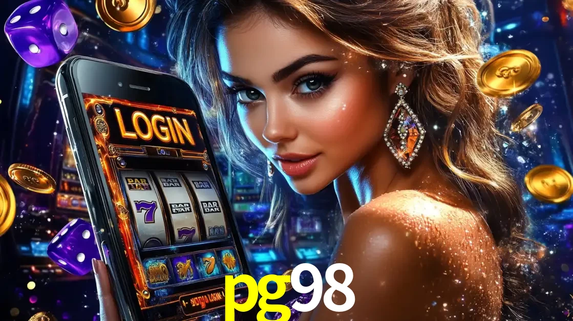 Mulher glamorosa segurando um smartphone com a tela de login para os jogos de caça-níqueis do cassino online pg98, com moedas de ouro e dados ao redor.