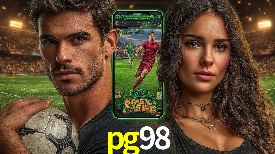 Homem segurando uma bola de futebol e uma mulher ao lado de um smartphone exibindo o jogo de apostas esportivas da pg98. Faça seu palpite no cassino online.